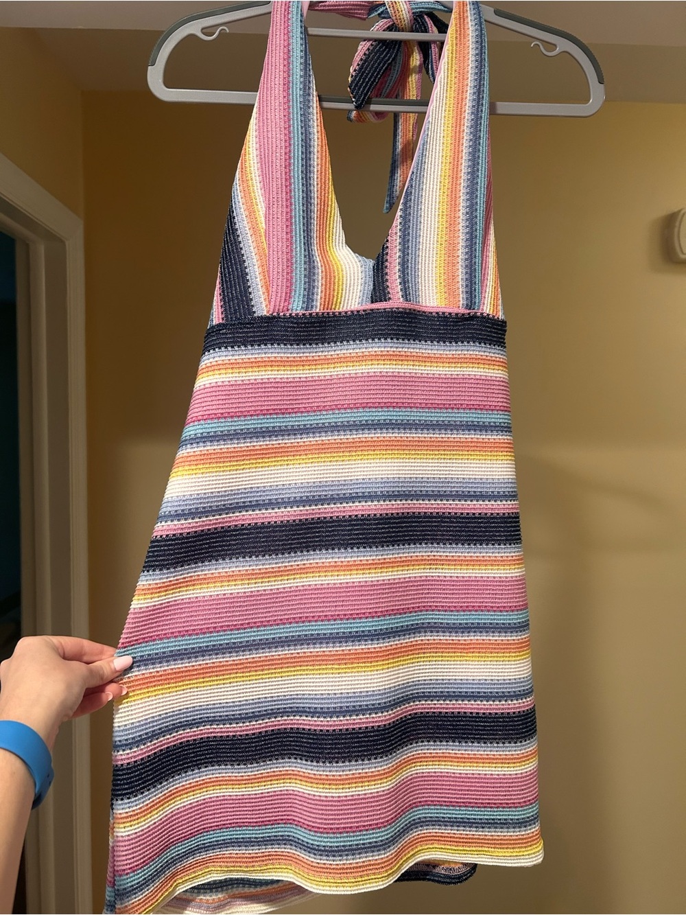 Striped Halter Mini Dress in Pink, Navy & Pastel Stripes